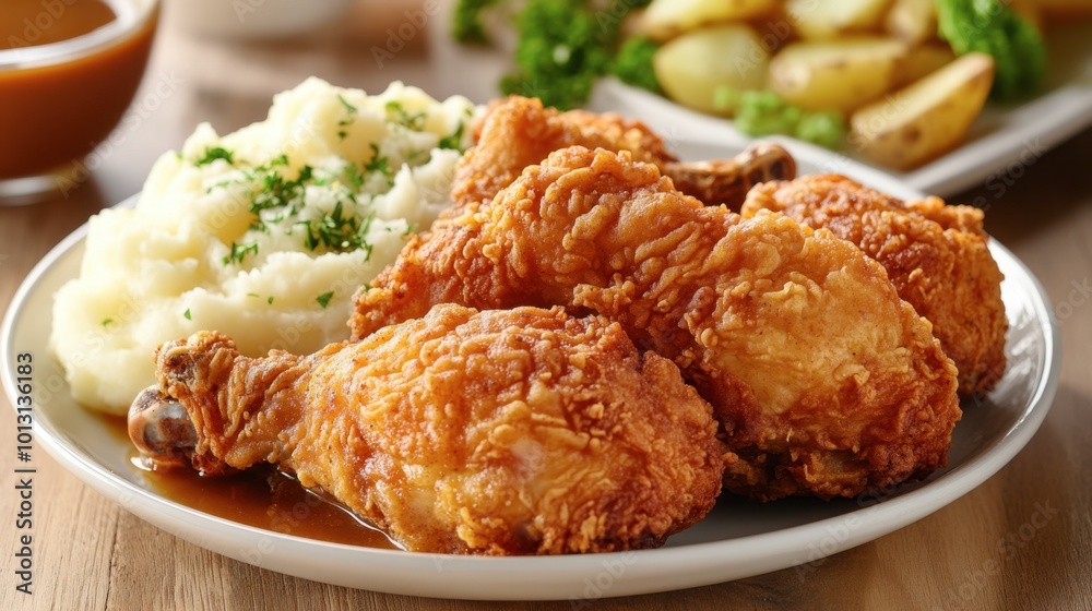 A mouthwatering plate of Southern-style fried chicken with a crispy coating, served with mashed potatoes and gravy, embodying comfort food at its best. A mouthwatering plate of Southern-style fried chicken with a crispy coating, served with mashed potatoes and gravy, embodying comfort food at its best.