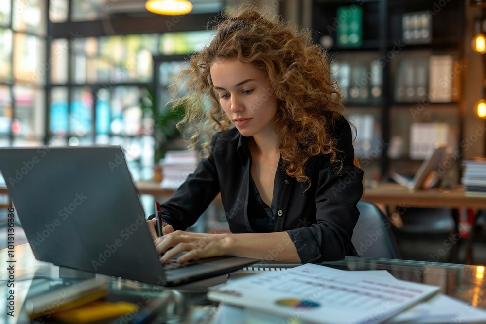high angle shot of a businesswoman busy filling out a customer survey on a laptop at her workplace. high angle shot of a businesswoman busy filling out a customer survey on a laptop at her workplace.