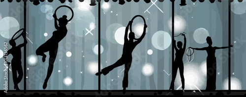 Circus performance, acrobat with rings and clown, entertaining show, vector illustration, black silhouette, flat