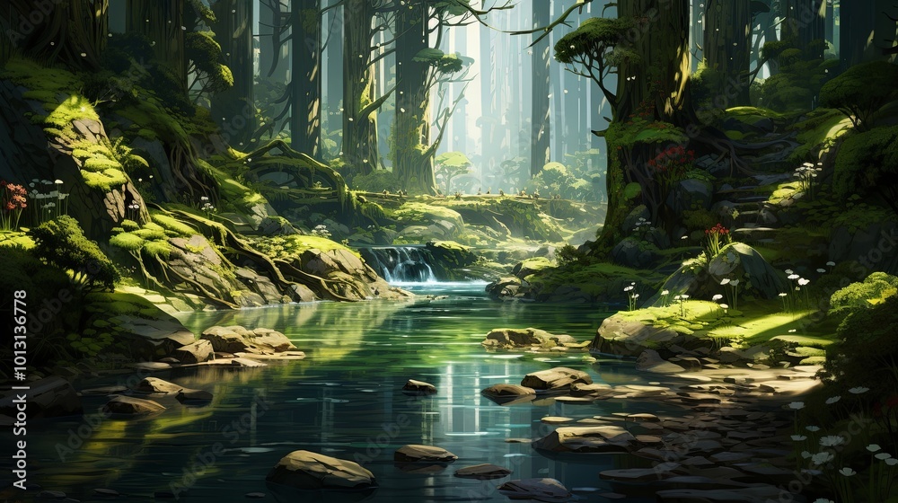 A Serene Forest Stream, Where Moss-Covered Rocks Embrace The Gentle Current, Creating A Tranquil Oasis In The Heart Of Nature A Serene Forest Stream, Where Moss-Covered Rocks Embrace The Gentle Current, Creating A Tranquil Oasis In The Heart Of Nature