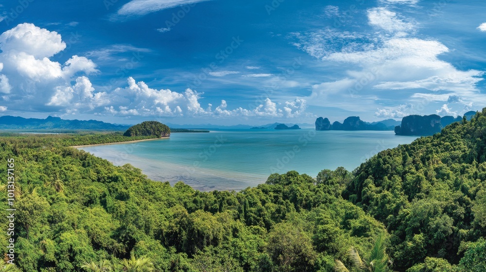 A panoramic view of the beautiful coastline of Phang Nga, with clear blue waters and lush tropical vegetation. A panoramic view of the beautiful coastline of Phang Nga, with clear blue waters and lush tropical vegetation.