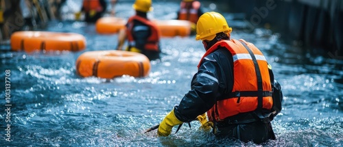 Rescue worker in safety gear carefully navigates water, ensuring safety with buoy rings nearby during emergency response situation. photo