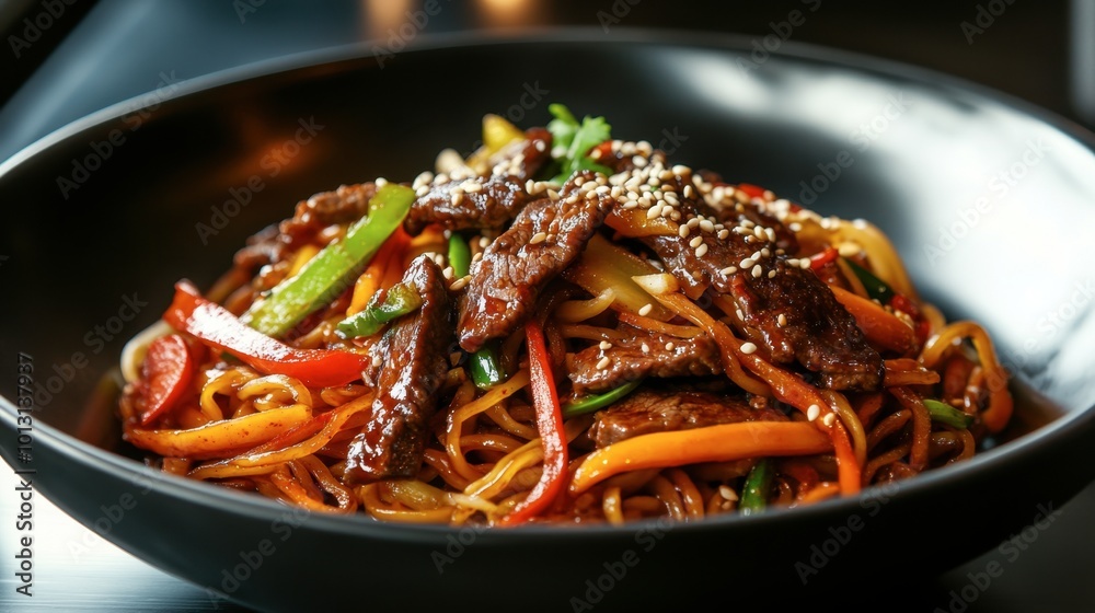 An elegant serving of japchae, featuring stir-fried sweet potato noodles tossed with colorful vegetables and savory beef, garnished with sesame seeds. An elegant serving of japchae, featuring stir-fried sweet potato noodles tossed with colorful vegetables and savory beef, garnished with sesame seeds.