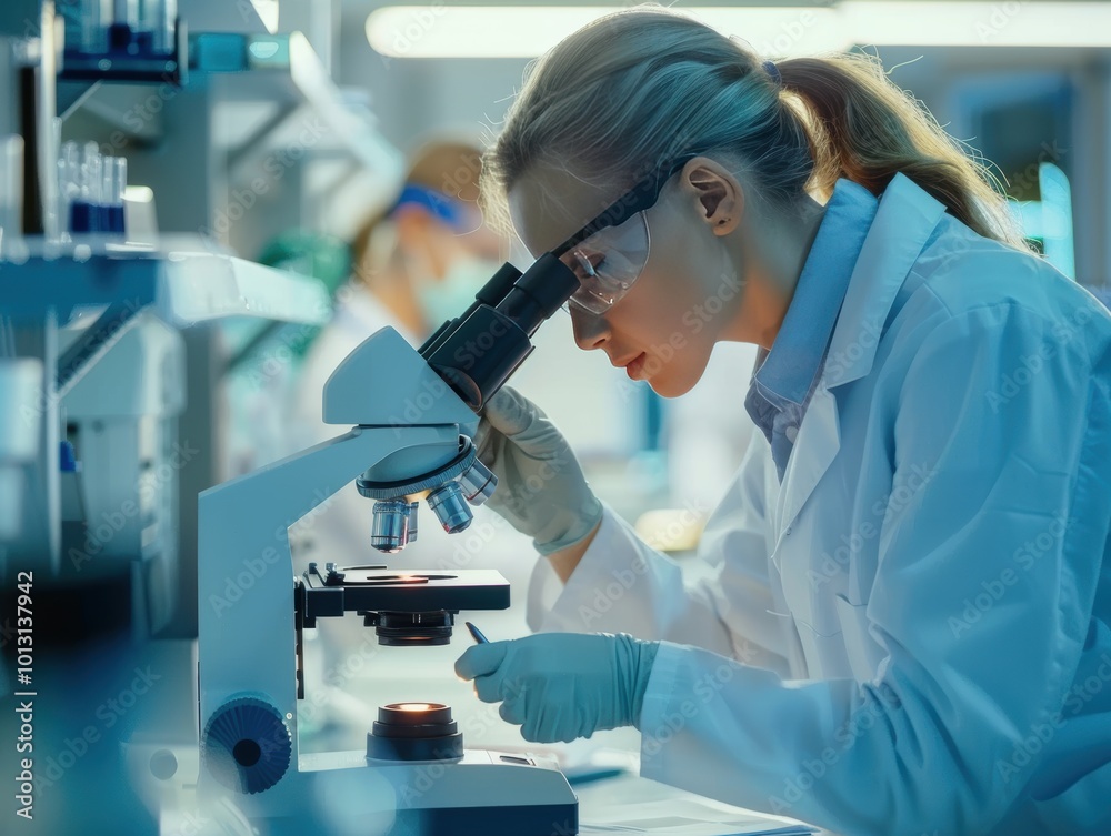 Young Researcher Using Microscope in Laboratory Setting Young Researcher Using Microscope in Laboratory Setting