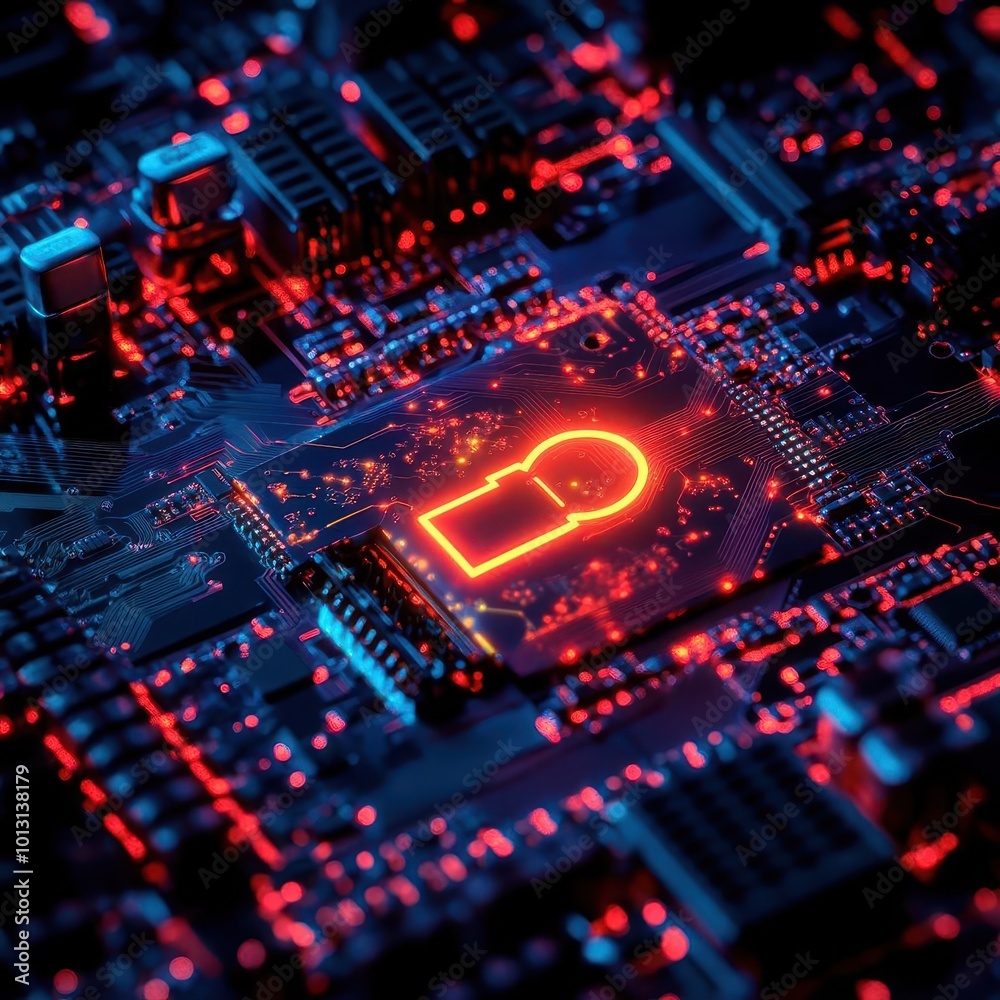 Digital security concept with a motherboard closeup and a glowing padlock, representing secure connection Login verification elements overlay, dark background, wide banner style Digital security concept with a motherboard closeup and a glowing padlock, representing secure connection Login verification elements overlay, dark background, wide banner style
