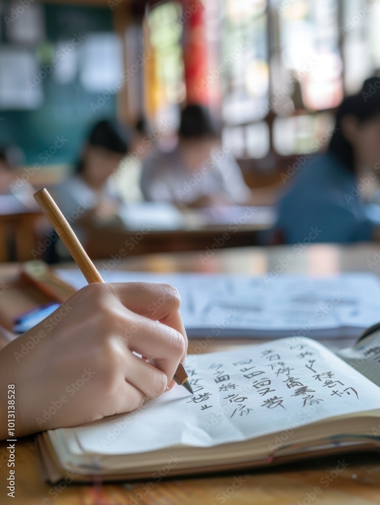 Student Writing Chinese Characters in Classroom Setting Student Writing Chinese Characters in Classroom Setting