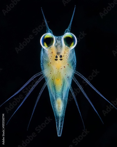 the Ctenophores Zooplankton, portrait view, white copy space on right, Isolated on black Background photo