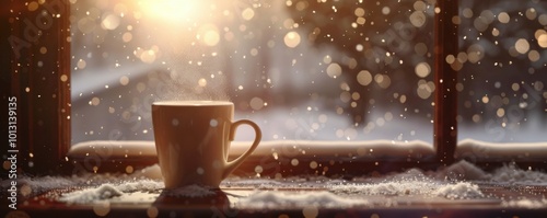 Snowflakes softly falling past a window, warm interior glow, steam rising from a coffee cup, 4K hyperrealistic photo photo