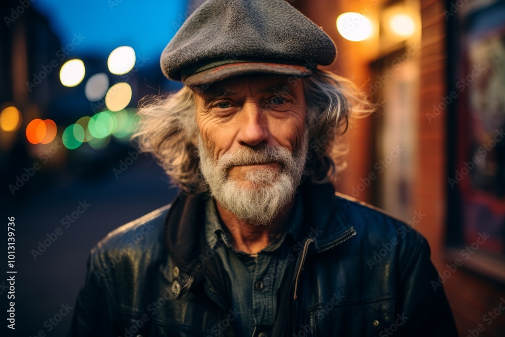 Portrait of an old man with gray beard and cap in the city. Portrait of an old man with gray beard and cap in the city.