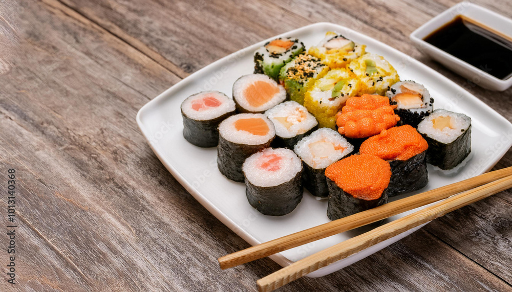 A plate filled with various sushi rolls alongside a pair of chopsticks placed on a wooden table and Copy Space A plate filled with various sushi rolls alongside a pair of chopsticks placed on a wooden table and Copy Space