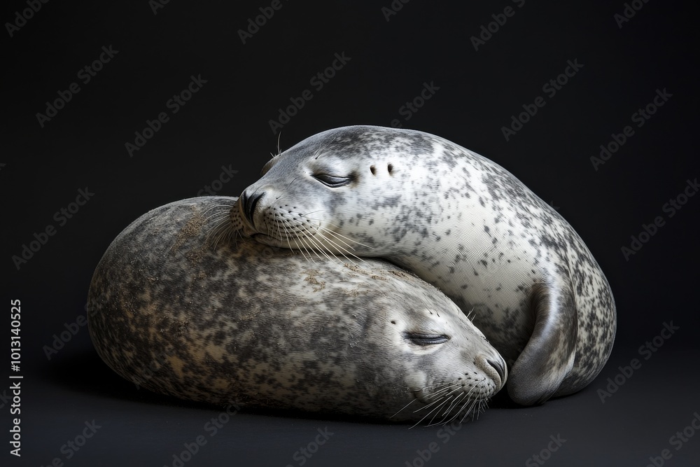 the beside view Seals, left side view, white copy space on right, Isolated on dark Background the beside view Seals, left side view, white copy space on right, Isolated on dark Background