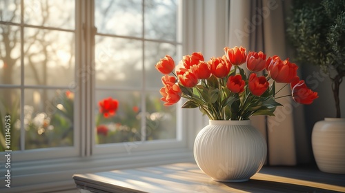 A fresh tulip bouquet in a white vase is warmly illuminated by sunlight streaming through a nearby window.