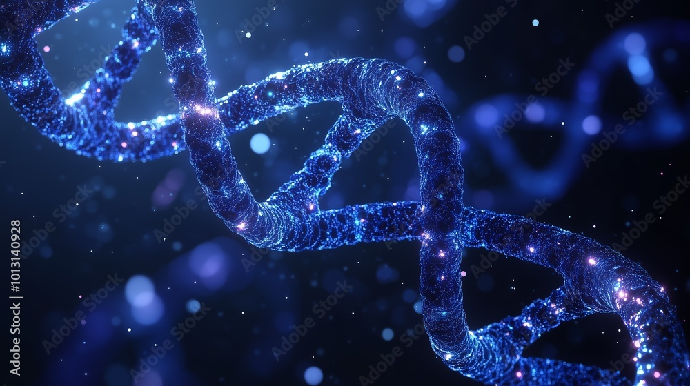 Glowing DNA Strand with Sparkling Blue and Purple Elements Glowing DNA Strand with Sparkling Blue and Purple Elements