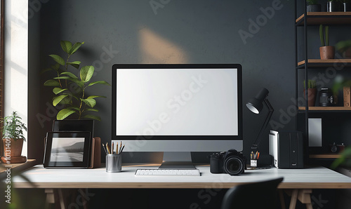 Laptop with blank screen on wooden table. Home interior, cafe or office background. Mockup. Place for text. Copy space 