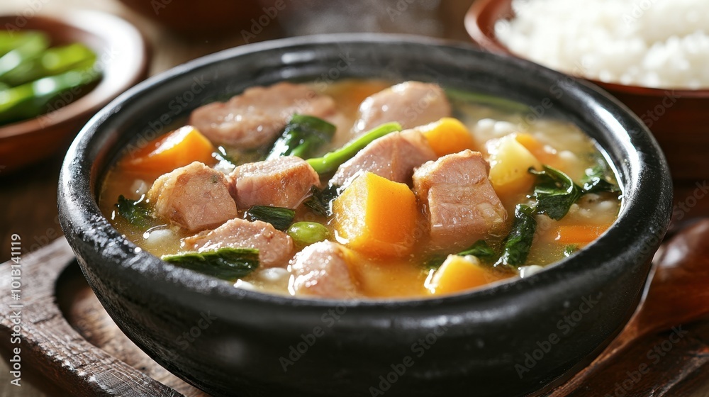A steaming bowl of Filipino sinigang, a sour tamarind soup with pork and vegetables, served with steamed rice for a comforting meal. A steaming bowl of Filipino sinigang, a sour tamarind soup with pork and vegetables, served with steamed rice for a comforting meal.