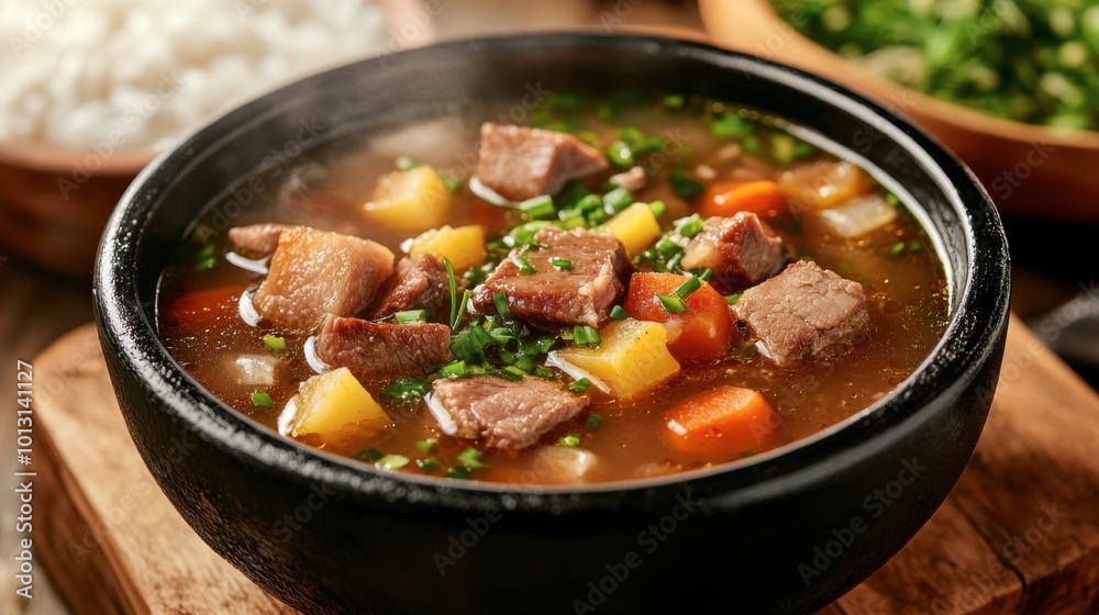 A steaming bowl of Filipino sinigang, a sour tamarind soup with pork and vegetables, served with steamed rice for a comforting meal. A steaming bowl of Filipino sinigang, a sour tamarind soup with pork and vegetables, served with steamed rice for a comforting meal.