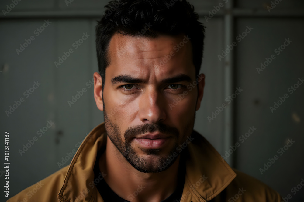 Intense young man with short dark hair and a serious expression wearing a jacket Intense young man with short dark hair and a serious expression wearing a jacket