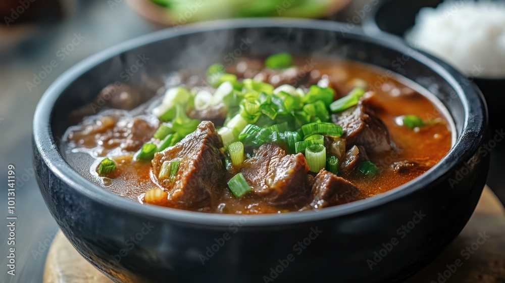A steaming bowl of galbitang (beef short rib soup), garnished with green onions and served with a side of rice, symbolizing comfort and warmth. A steaming bowl of galbitang (beef short rib soup), garnished with green onions and served with a side of rice, symbolizing comfort and warmth.