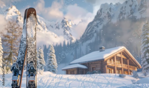 Pair of skis against the ski lodge, 4K hyperrealistic photo