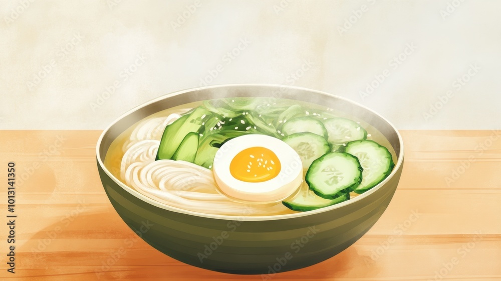 A steaming bowl of naengmyeon (cold noodles), garnished with slices of cucumber, pear, and boiled egg, served in a chilled broth, perfect for hot summer days. A steaming bowl of naengmyeon (cold noodles), garnished with slices of cucumber, pear, and boiled egg, served in a chilled broth, perfect for hot summer days.