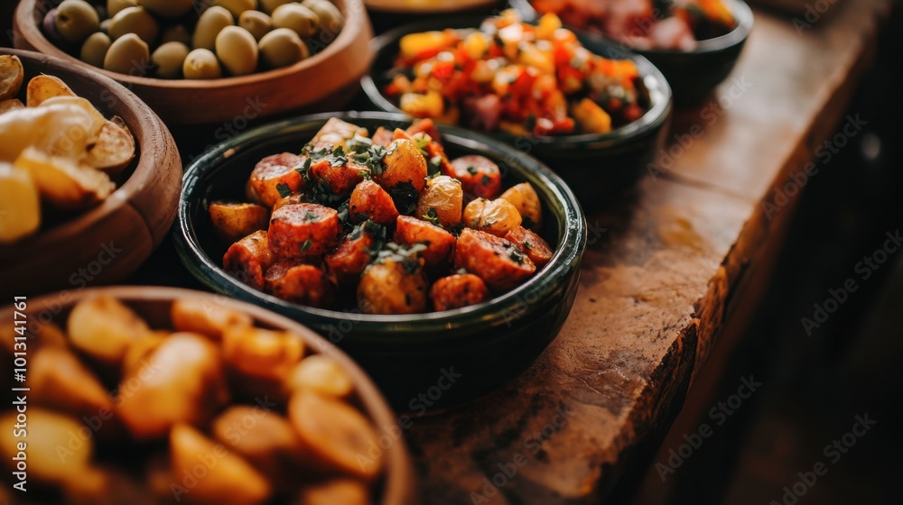 A stunning close-up of Spanish tapas, featuring a variety of bite-sized dishes like patatas bravas, chorizo, and olives, inviting guests to taste and share. A stunning close-up of Spanish tapas, featuring a variety of bite-sized dishes like patatas bravas, chorizo, and olives, inviting guests to taste and share.