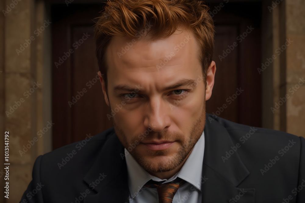Handsome young man with intense gaze wearing a suit in an elegant indoor setting Handsome young man with intense gaze wearing a suit in an elegant indoor setting