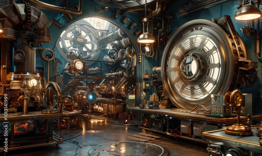 Fototapeta premium Intricate steampunk machinery in a retro-futuristic workshop, 4K hyperrealistic photo.
