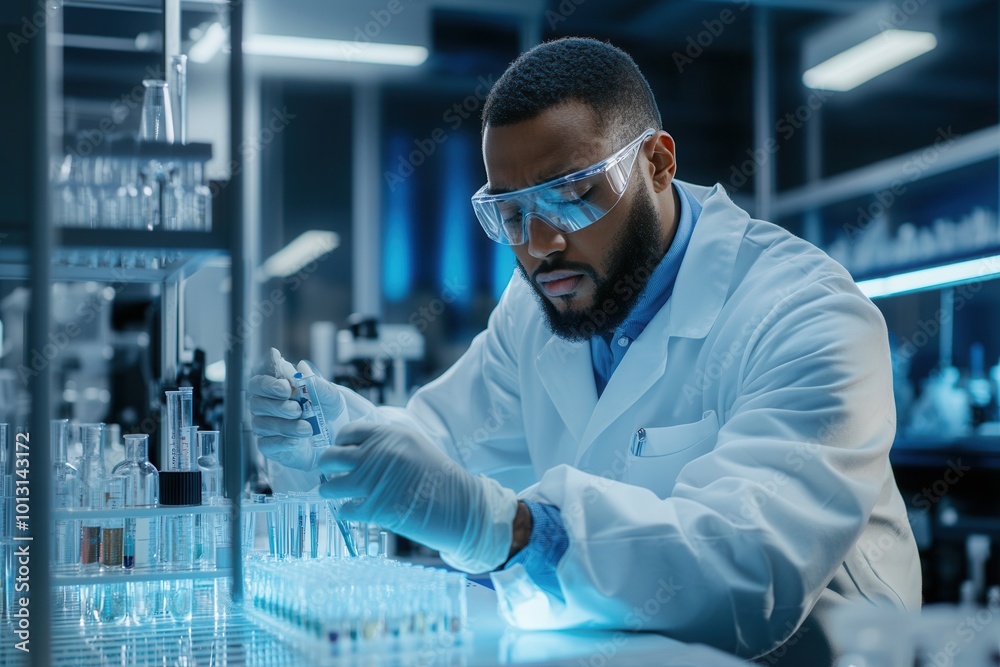 A scientist wearing a lab coat, gloves, and protective glasses carefully handles test tubes in a high-tech laboratory environment. Generative AI A scientist wearing a lab coat, gloves, and protective glasses carefully handles test tubes in a high-tech laboratory environment. Generative AI