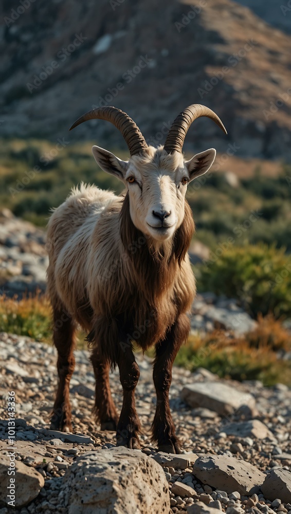 Wild goat on rocky terrain with hills behind. Wild goat on rocky terrain with hills behind.