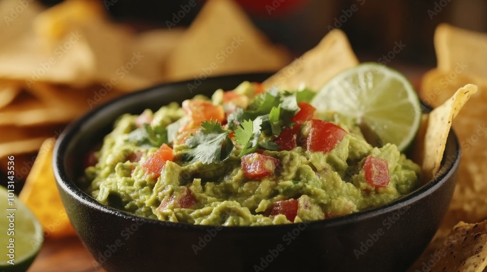 A vibrant bowl of Mexican guacamole with fresh cilantro and lime, served with crispy tortilla chips for a delicious appetizer. A vibrant bowl of Mexican guacamole with fresh cilantro and lime, served with crispy tortilla chips for a delicious appetizer.