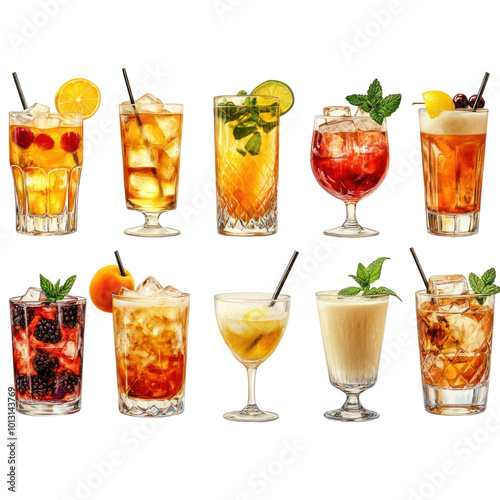 A Collection of Refreshing Cocktails Isolated On a Transparent Background