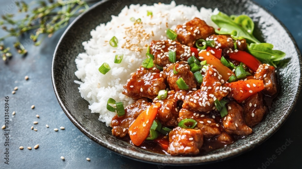 A vibrant plate of jeyuk bokkeum (spicy stir-fried pork) served with rice and garnished with sesame seeds and scallions, showcasing Korean comfort food. A vibrant plate of jeyuk bokkeum (spicy stir-fried pork) served with rice and garnished with sesame seeds and scallions, showcasing Korean comfort food.