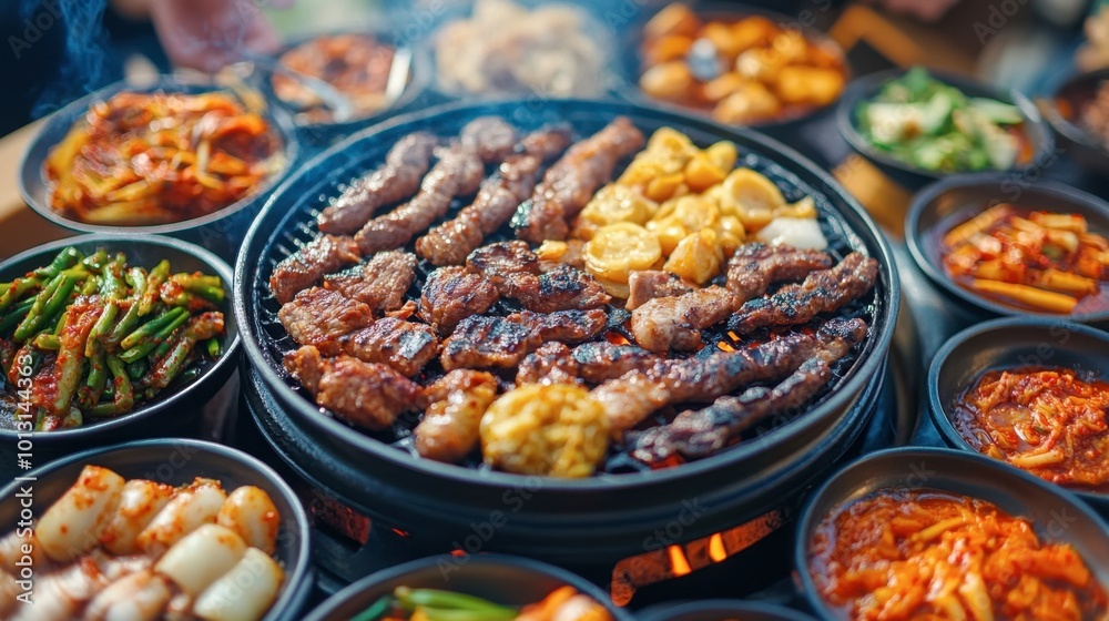 A vibrant spread of Korean barbecue, featuring marinated meats grilling over charcoal, surrounded by colorful side dishes (banchan) like kimchi and pickled vegetables. A vibrant spread of Korean barbecue, featuring marinated meats grilling over charcoal, surrounded by colorful side dishes (banchan) like kimchi and pickled vegetables.