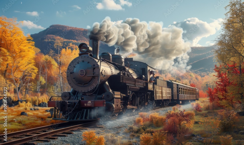 Fototapeta premium Old-fashioned steam locomotive in a scenic autumn landscape, 4K hyperrealistic photo