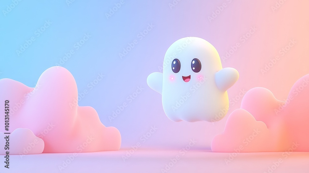 Retro Anime Style Cute Ghost Floating in a Pastel Sky Retro Anime Style Cute Ghost Floating in a Pastel Sky