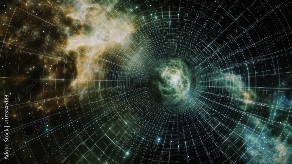 A mesmerizing cosmic scene showcasing a swirling galaxy with a grid pattern, evoking themes of space, time, and the universe's vastness.