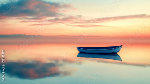 Small wooden boat floating on still water at sunset