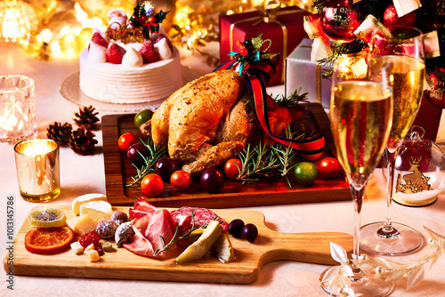 クリスマス、クリスマスパーティー、テーブルの上に鶏肉、オードブル、シャンパン