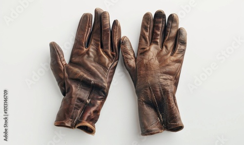 Pair of leather gloves, white background, 4K hyperrealistic photo