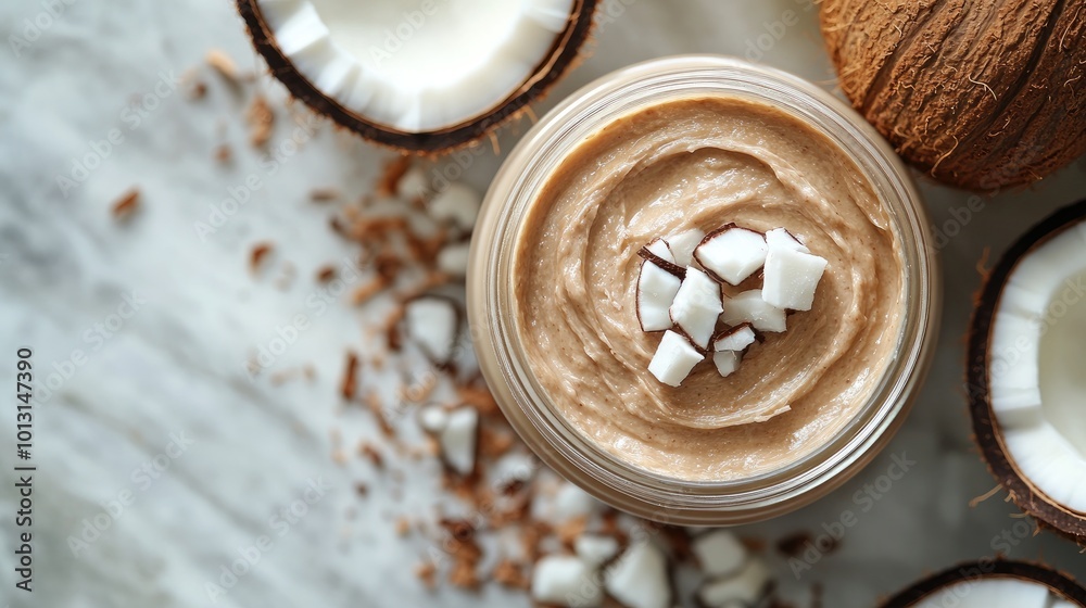 Jar of sugar scrub surrounded by coconut pieces on gray surface Jar of sugar scrub surrounded by coconut pieces on gray surface