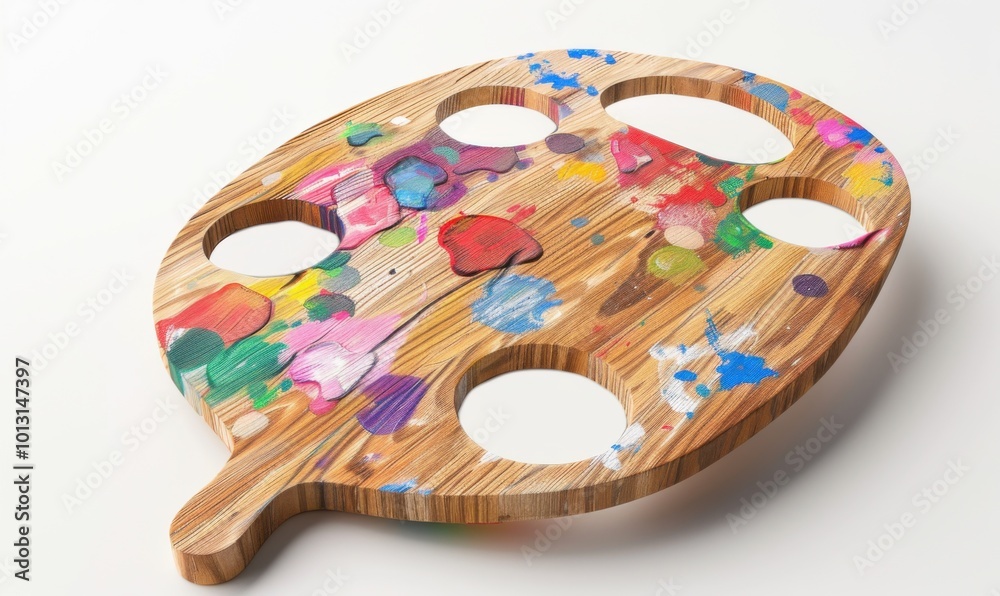 Wooden artist's palette with paint blobs, white background, 4K hyperrealistic photo Wooden artist's palette with paint blobs, white background, 4K hyperrealistic photo