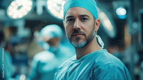 Portrait of a confident surgeon posing in operating room with team in background