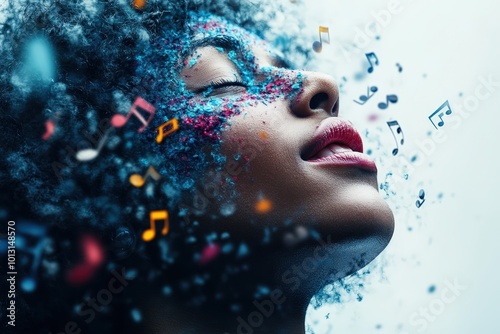 A vibrant depiction of a woman immersed in music with colorful notes and artistic elements surrounding her, evoking a sense of dreamy escape and creativity.
