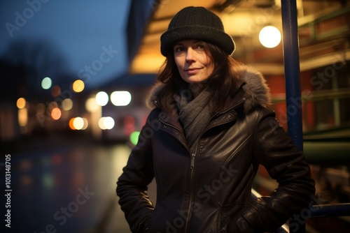 Portrait of a beautiful woman in a hat on the street at night