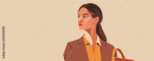 Businesswoman with a briefcase and determined look, flat portrait, vector illustration.