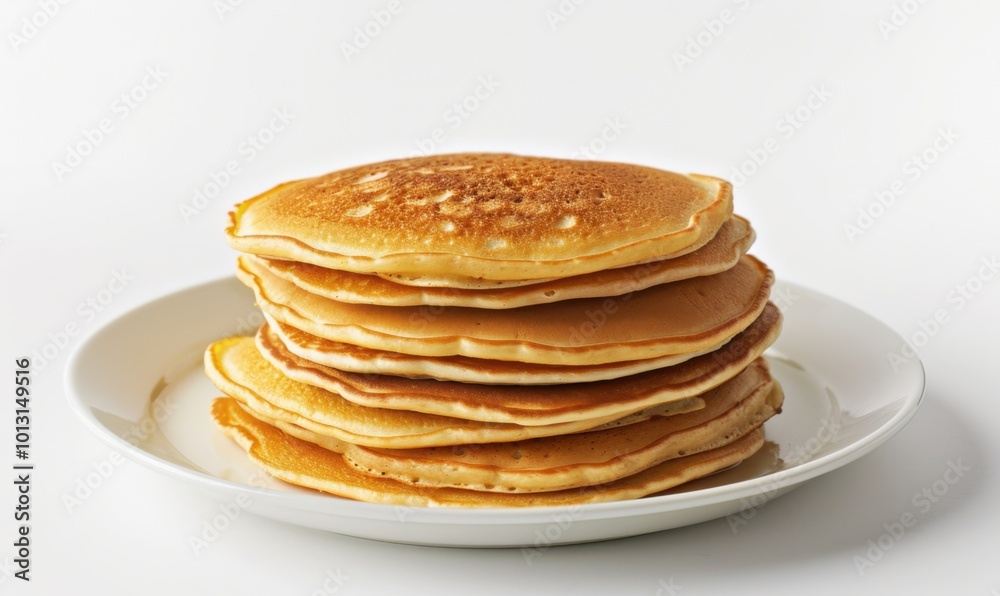 Stack of fluffy pancakes, white background, 4K hyperrealistic photo Stack of fluffy pancakes, white background, 4K hyperrealistic photo