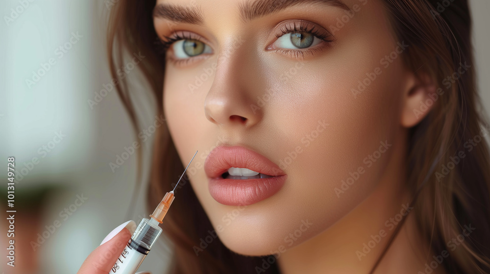 Fototapeta premium A close-up of a cosmetic procedure featuring the precise application of a lip filler injection by a professional in pink gloves. Perfect for promoting beauty clinics,