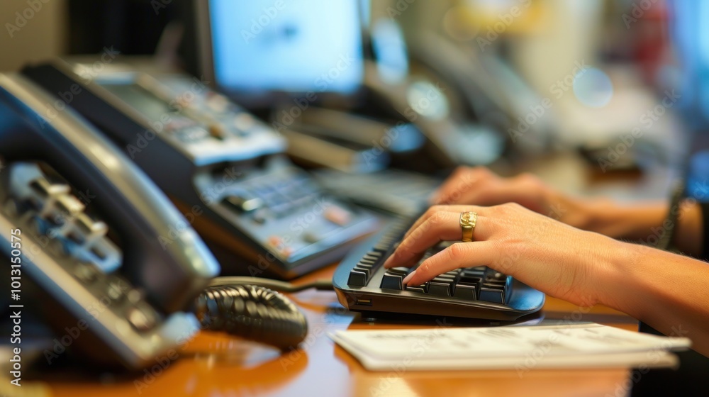 A close-up of a receptionist typing on a keyboard, with a telephone and a notepad on the desk A close-up of a receptionist typing on a keyboard, with a telephone and a notepad on the desk