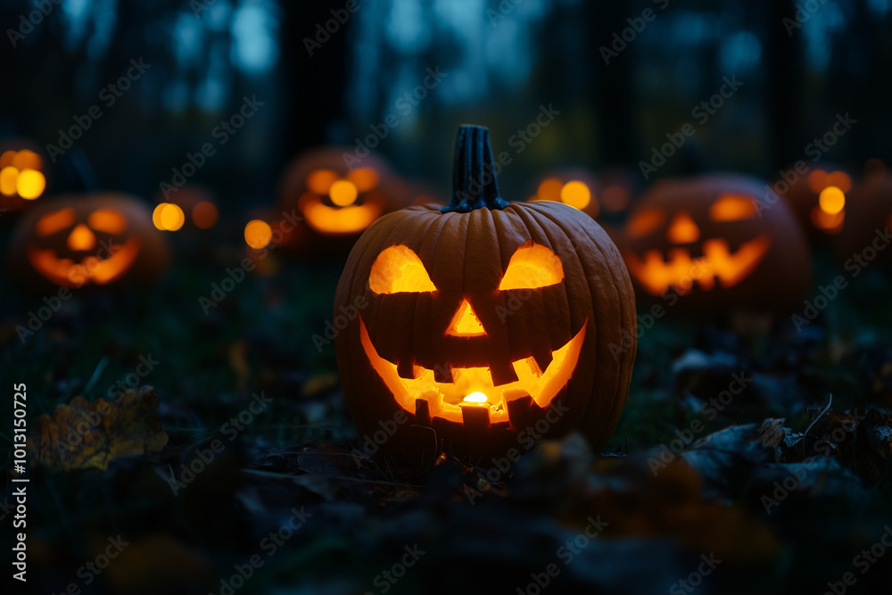 Glowing Jack O' Lanterns at Moonlight in Spooky Halloween Night Scene with Flickering Pumpkins and Creepy Shadows Glowing Jack O' Lanterns at Moonlight in Spooky Halloween Night Scene with Flickering Pumpkins and Creepy Shadows