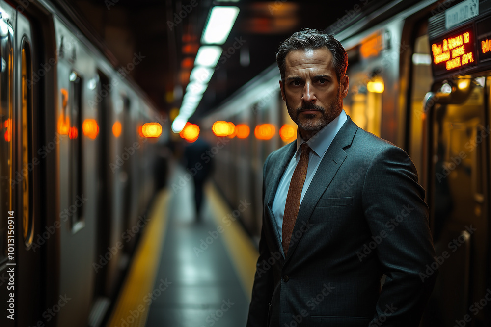 A man in a business suit is standing on the subway platform. Traveling to work by public transport. A man in a business suit is standing on the subway platform. Traveling to work by public transport.